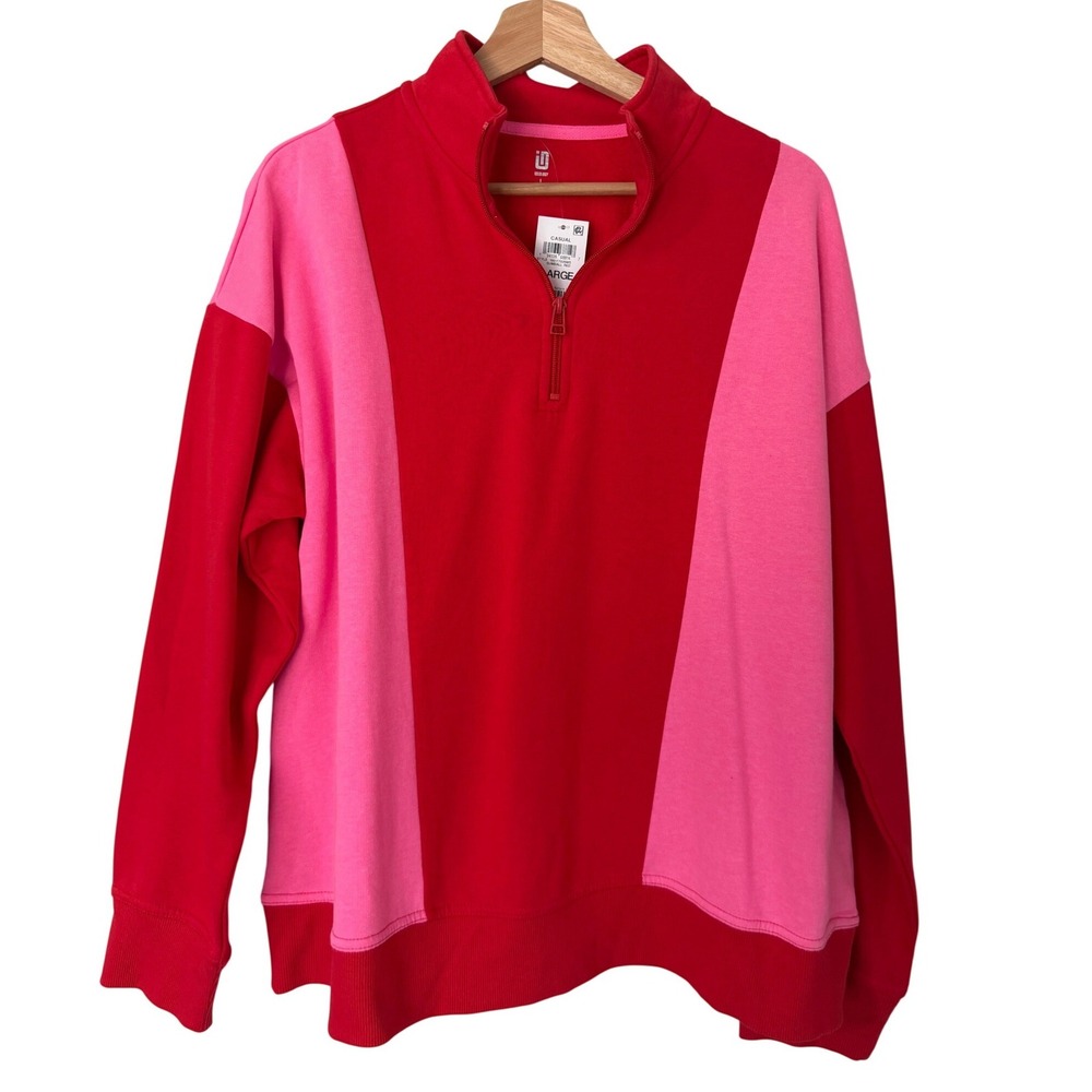 Ideology Womens Gumball Red Pink Colorblock Quarter Zip Sweatshirt Large NEW